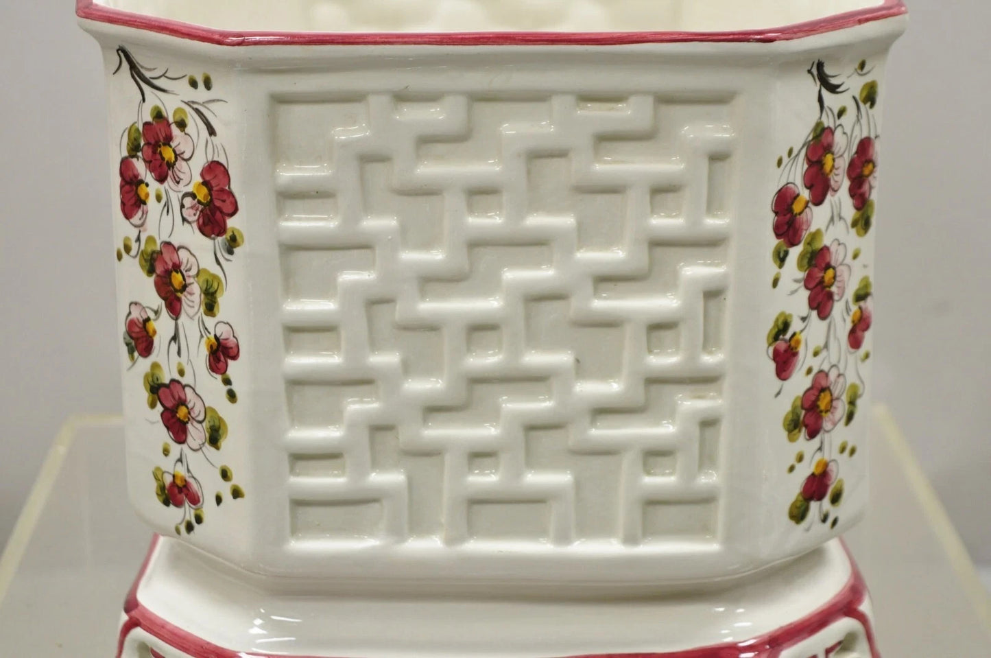 Vintage Chinoiserie Italian Porcelain Lattice Fretwork Pink Flower Planter Pot
