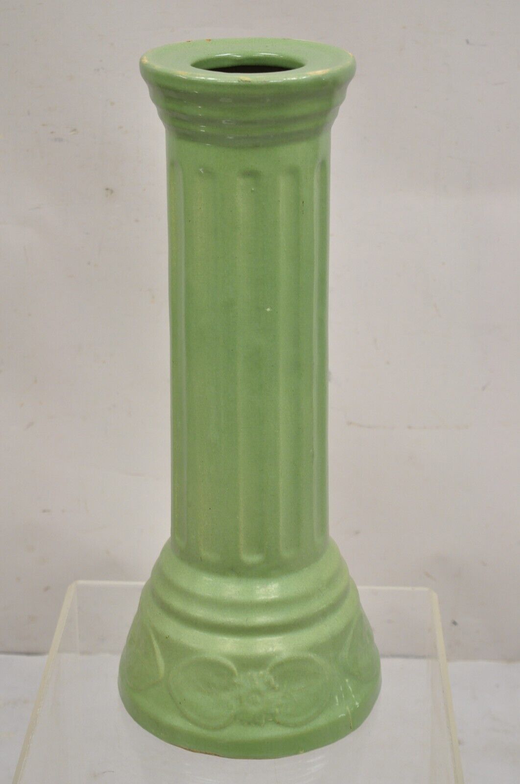 Antique Art Nouveau Green Glazed Ceramic Column Planter Pedestal Base