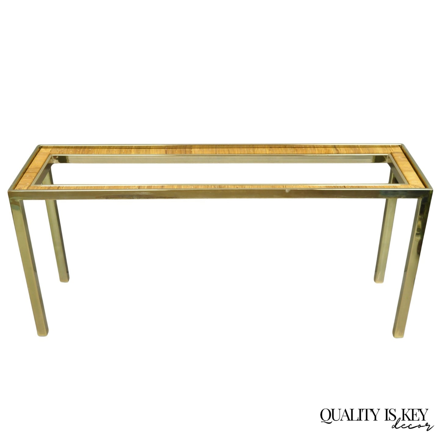 Vintage Mid Century Modern Brass Metal and Rattan Gold Console Hall Table