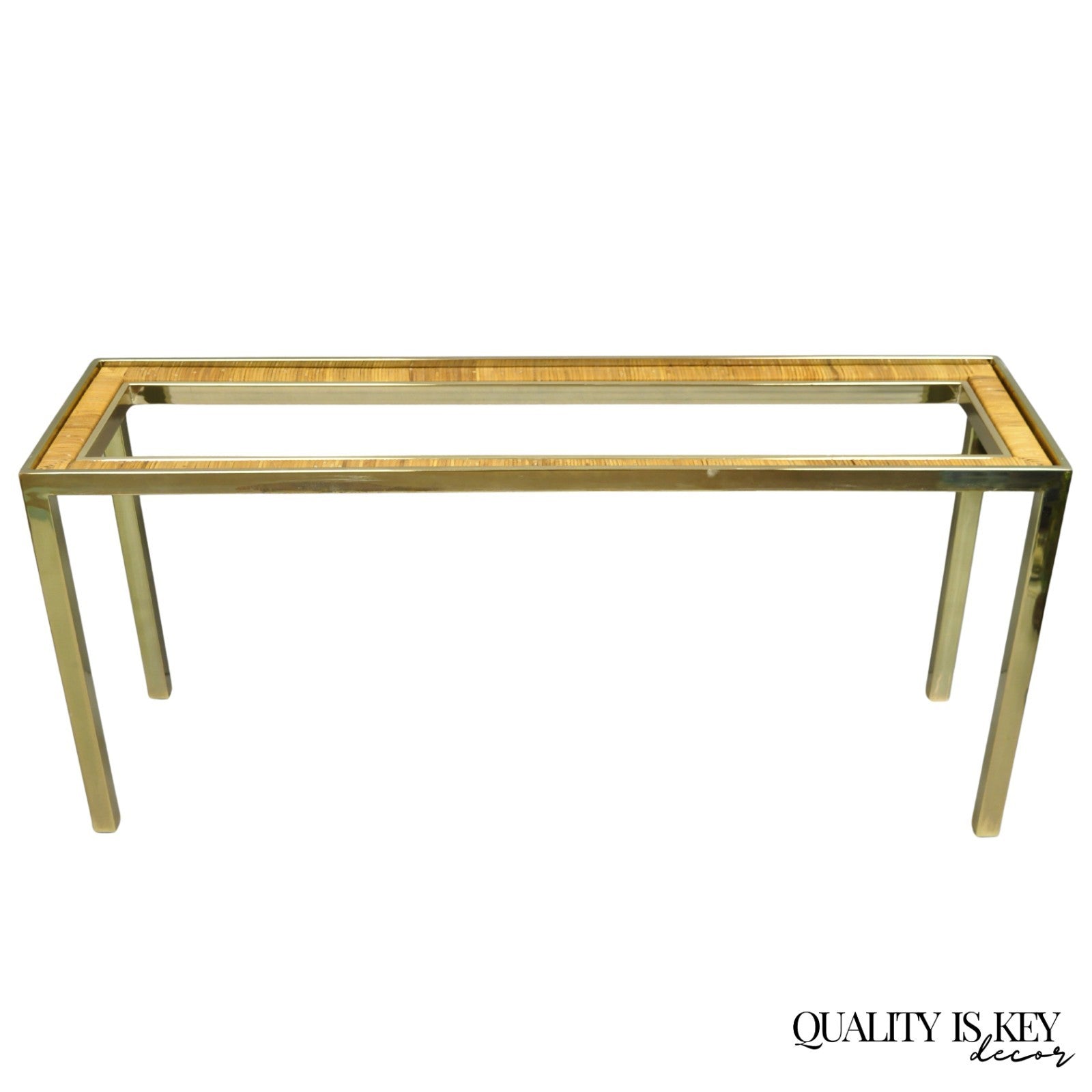Vintage Mid Century Modern Brass Metal and Rattan Gold Console Hall Table