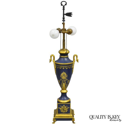 Vintage French Empire Blue Tole Metal Gold Swan Painted Urn Form Table Lamp