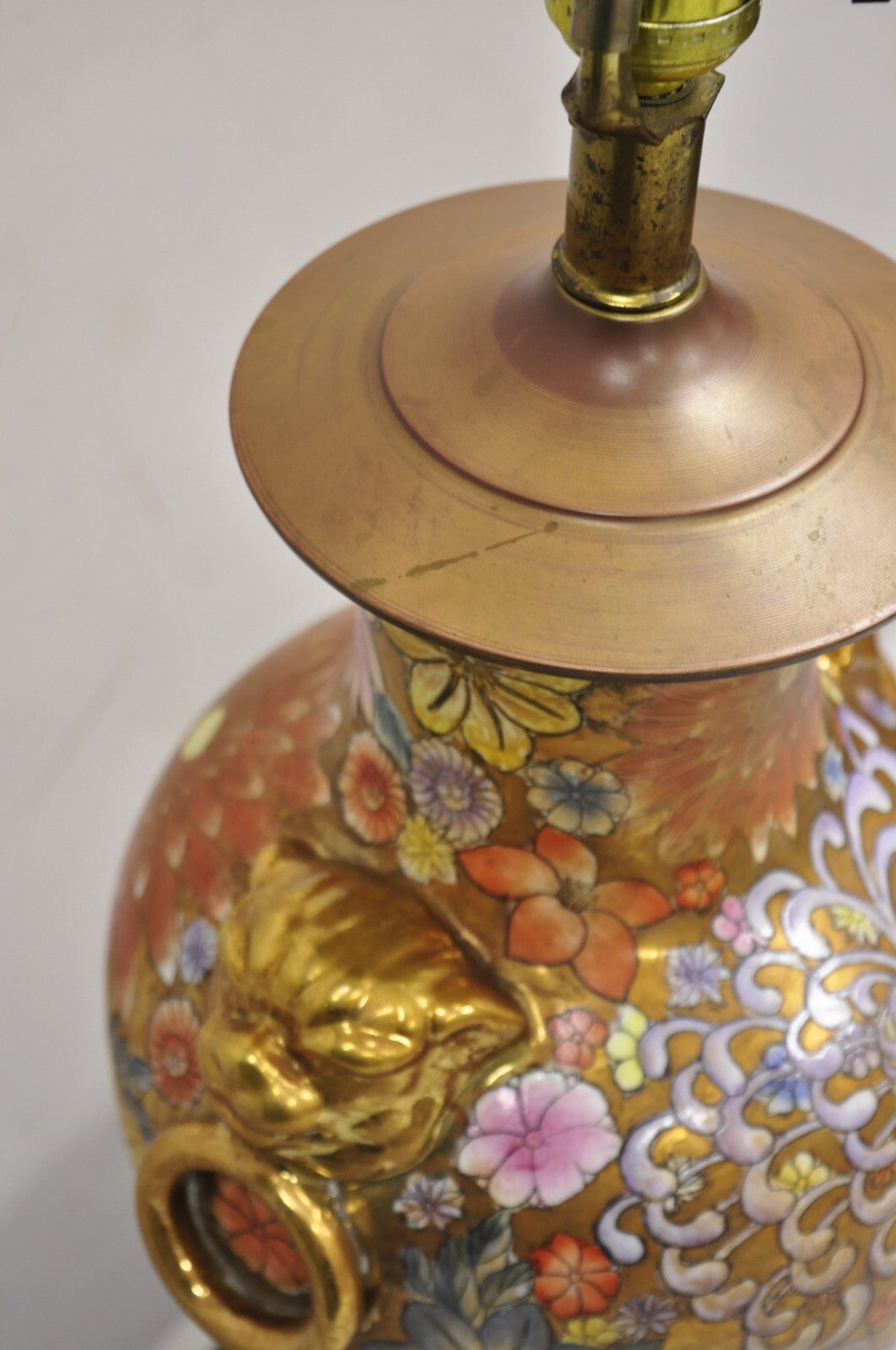 Vintage Chinoiserie Orange Porcelain Ceramic Foo Dog Table Lamp