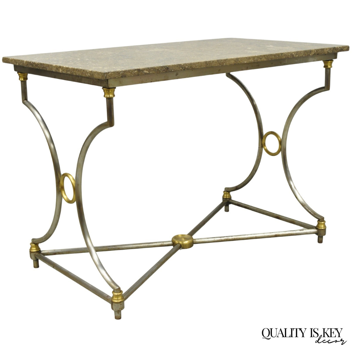 Vintage Directoire Maison Jansen Style Steel & Brass Marble Top Console Table