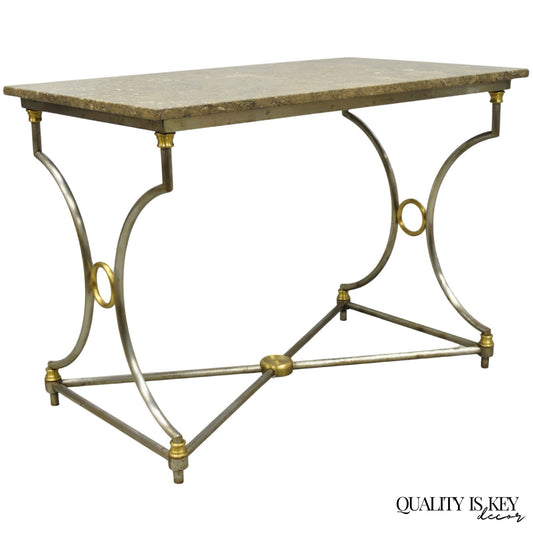 Vintage Directoire Maison Jansen Style Steel & Brass Marble Top Console Table