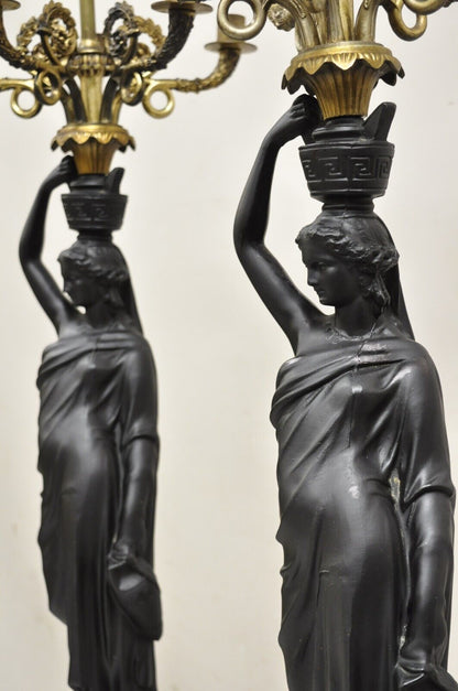 French Empire Neoclassical Style Figural Maiden Candelabra Table Lamps - a Pair