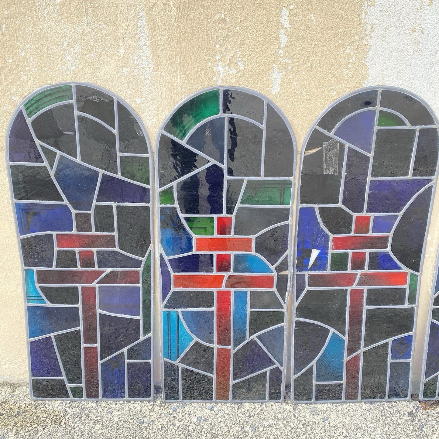 Vintage Art Deco Blue & Red Leaded Stained Glass Arched Window w/ Cross - 5 Pcs