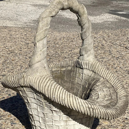 Vintage Woven Basket with Handle Cast Concrete Stone Large Garden Planter Pot