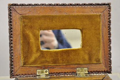 Antique Tramp Art Diamond 2 Tier Hinged Carved Wood Presentation Jewelry Box