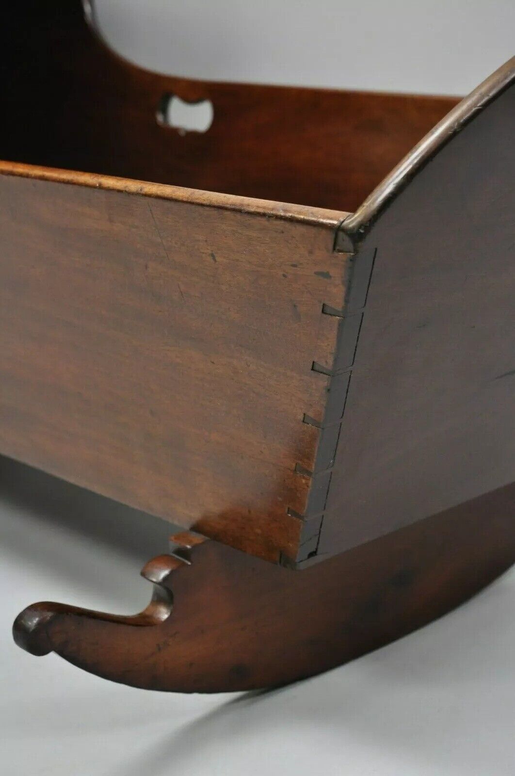 Antique Victorian Dovetailed Crotch Mahogany Wooden Hooded Baby Cradle