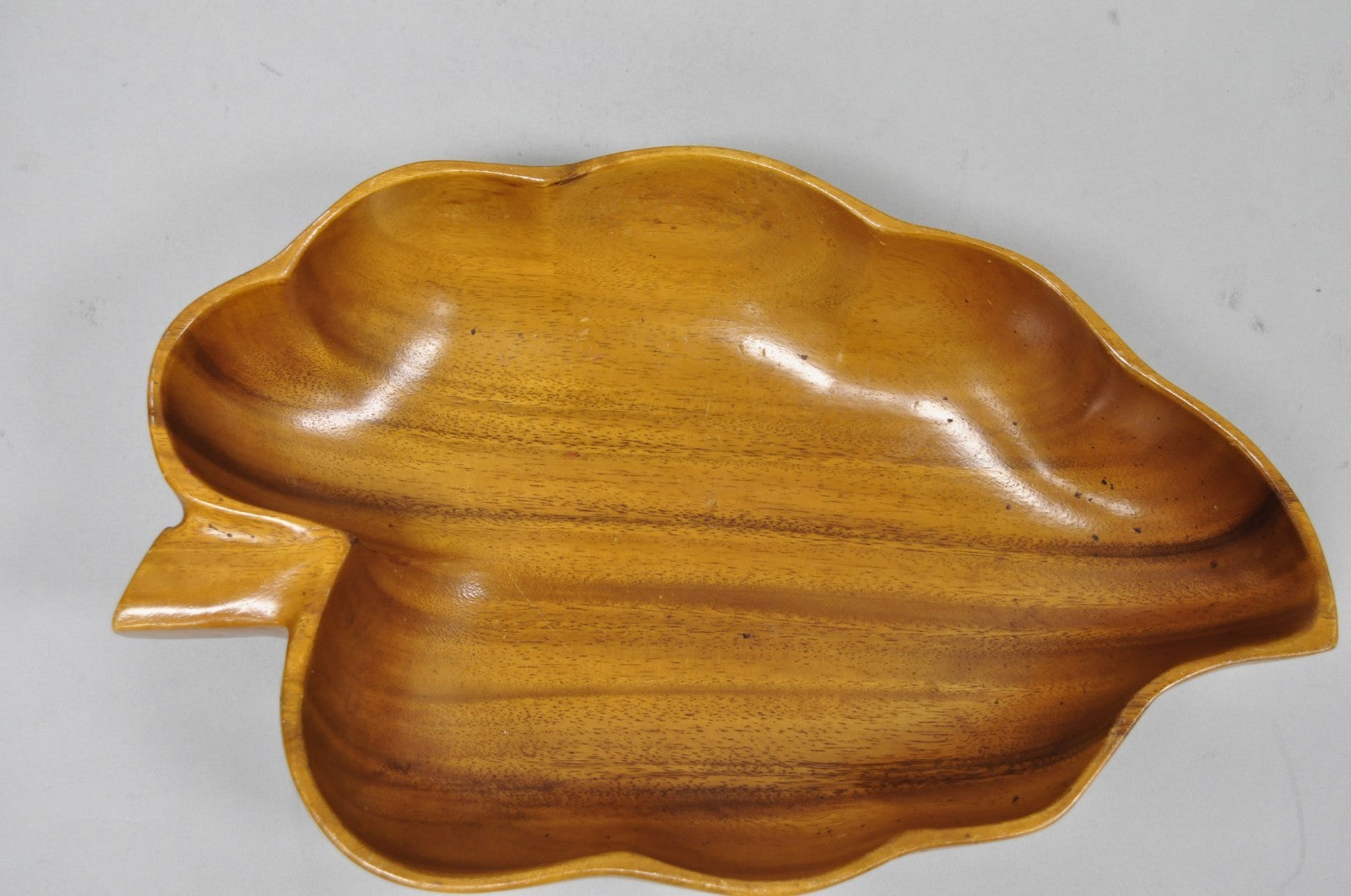 Vintage Mid Century Modern Monkey Pod Carved Koa Wood Banana Leaf 16" Fruit Bowl
