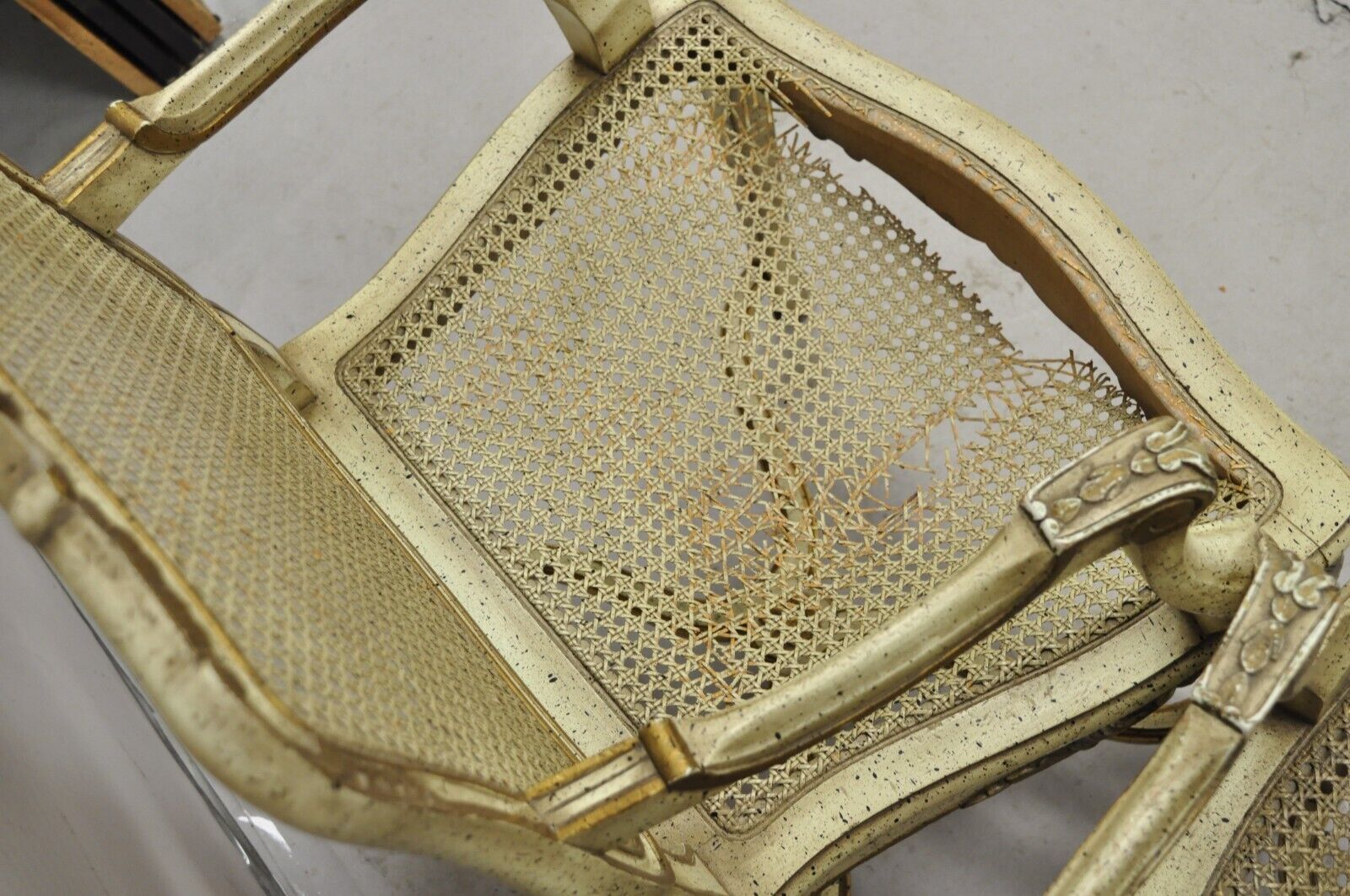 French Louis XV Style Cream Painted Carved Wood Cane Fauteuil Arm Chairs - Pair