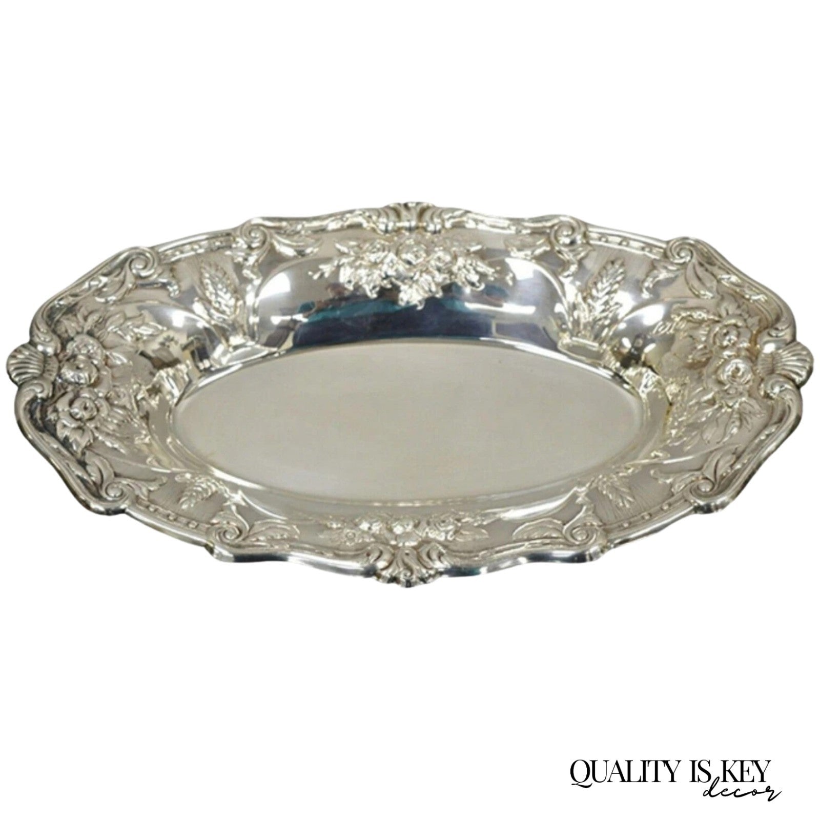 Vintage Floral Embossed Victorian Silver Plated 12" Oval Bar Nut Dish by PS & Co