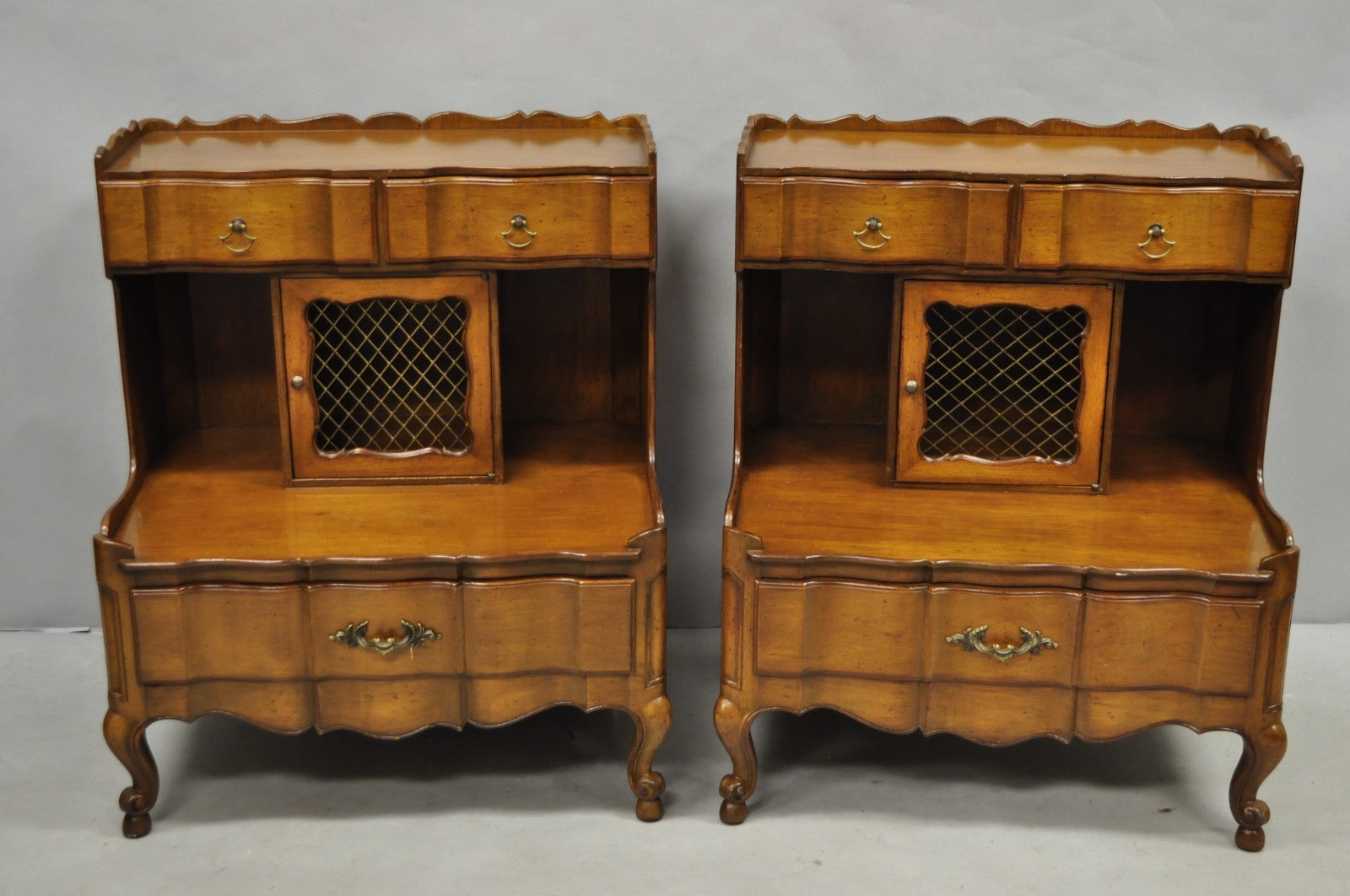 Vintage French Country Provincial Walnut Fruitwood Step Nightstands - a Pair