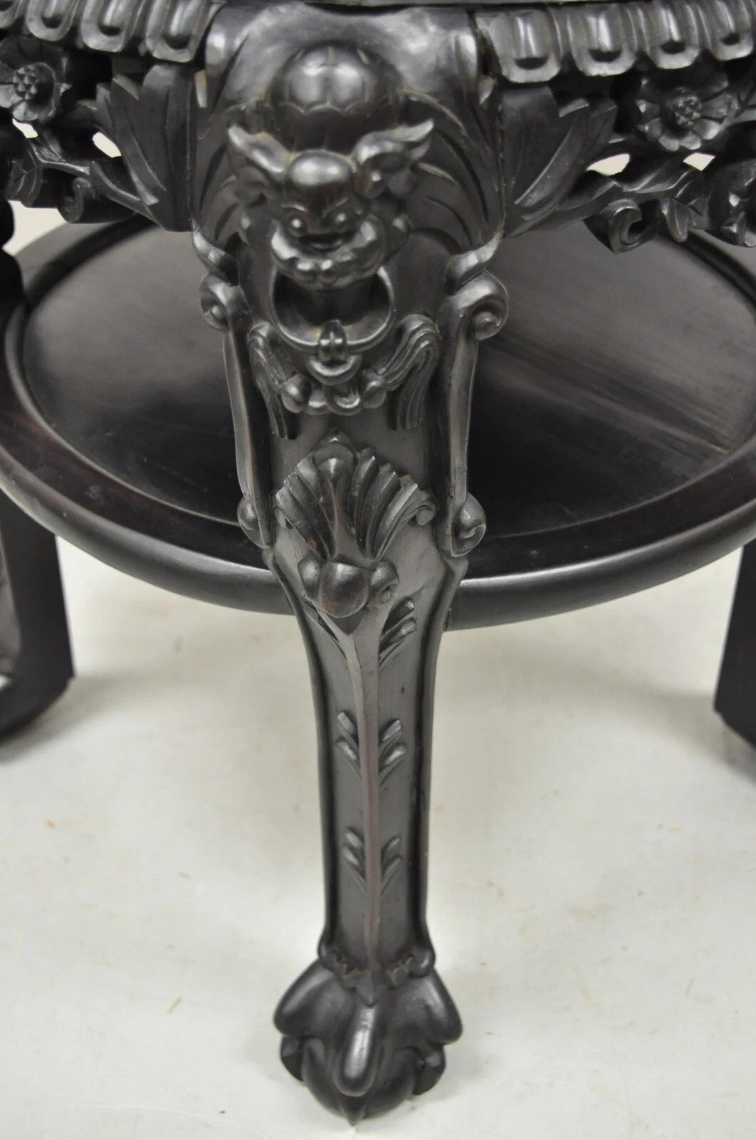 Antique Oriental Chinese Carved Hardwood Marble Top Foo Dog Side Table