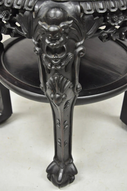 Antique Oriental Chinese Carved Hardwood Marble Top Foo Dog Side Table