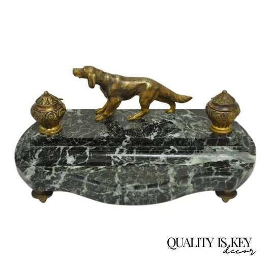 Antique French Empire Figural Bronze & Marble Hunting Dog Desk Double Inkwell