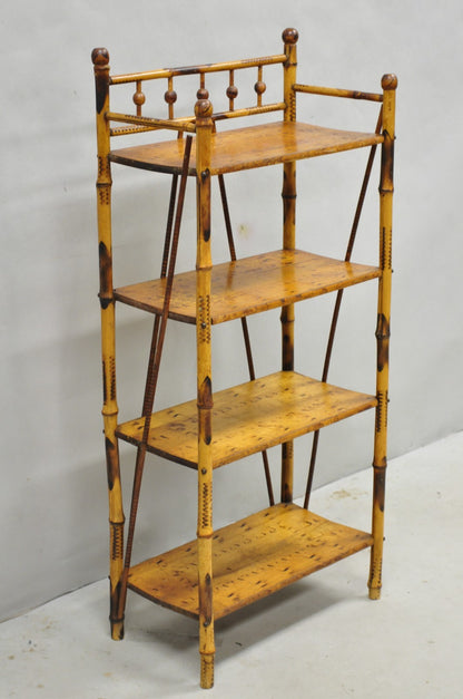 Antique English Victorian Burnt Bamboo Stick & Ball Small Bookcase Curio Shelf