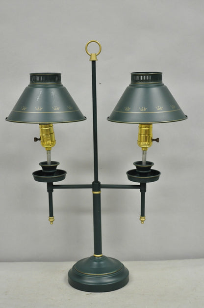Vintage French Country Green Tole Metal Double Candlestick Table Lamp w/ Shades