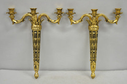Vintage French Empire Gold Gilt Metal 3 Arm Torch Candelabra Wall Sconces a Pair