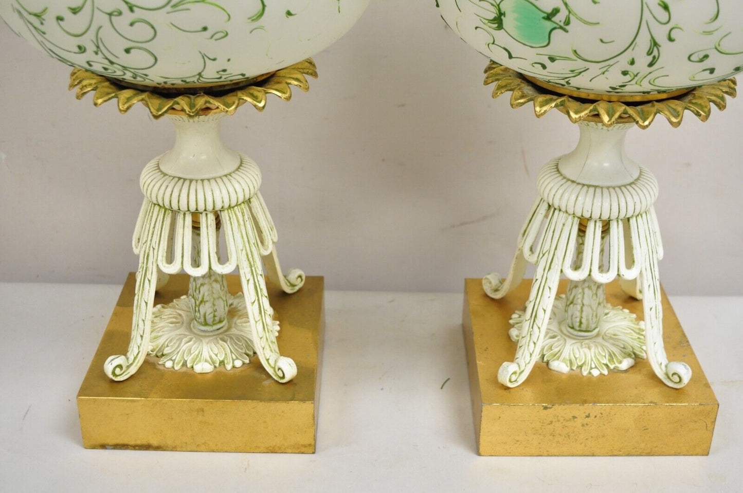 Vintage Italian Hollywood Regency Glass Pineapple Gold Metal Table Lamps - Pair