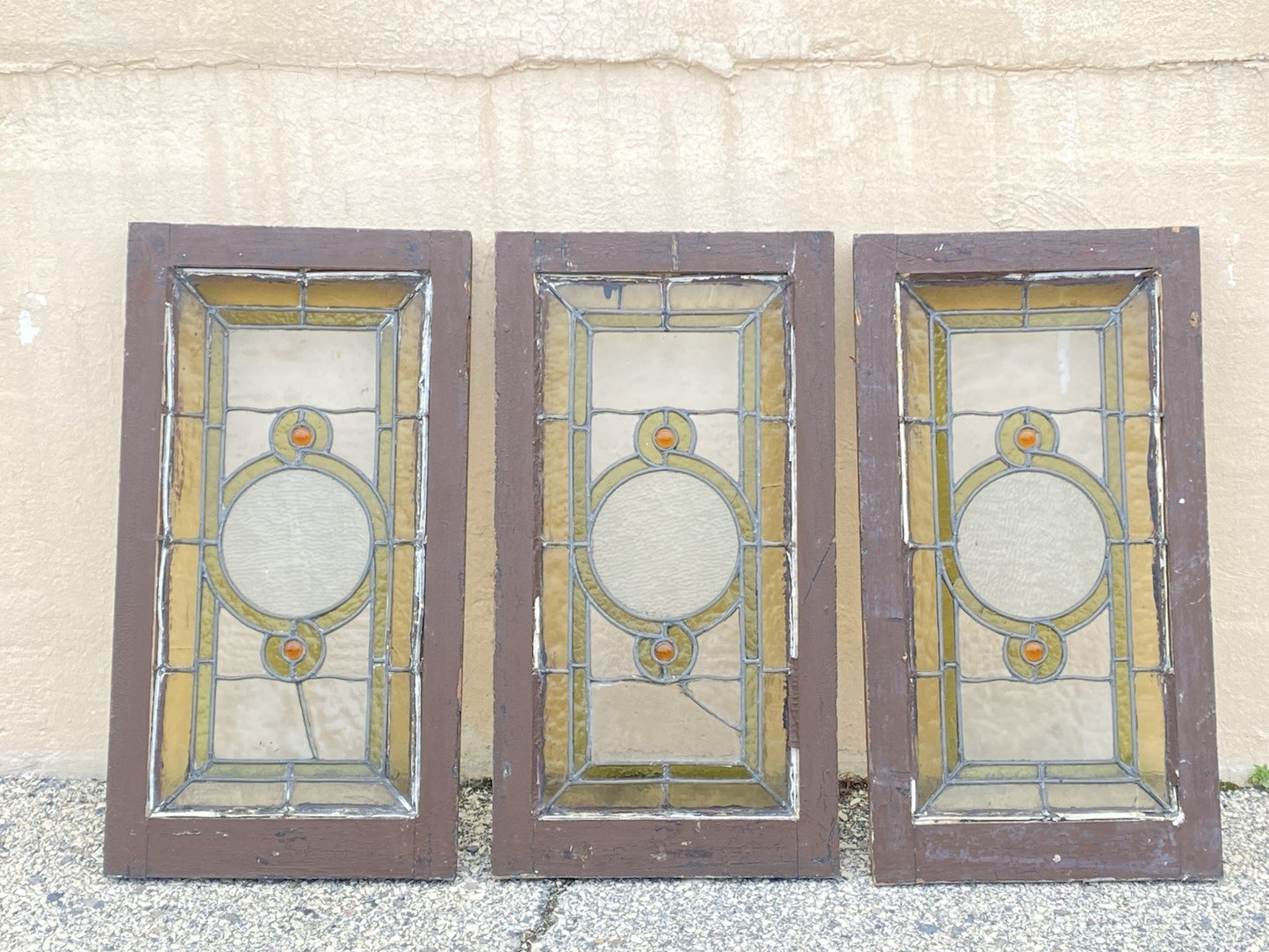 Antique Victorian Green Stained Glass Window Orange Jewel in Wood Frame Set of 3