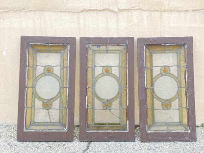 Antique Victorian Green Stained Glass Window Orange Jewel in Wood Frame Set of 3