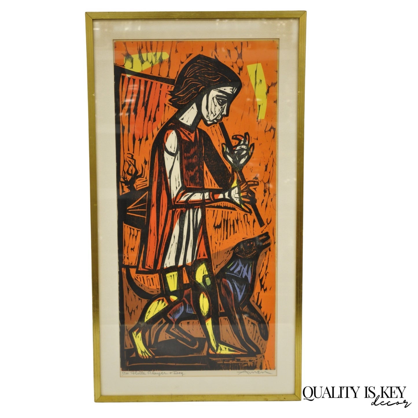 Vintage Irving Amen "Flute Player and Dog" Woodblock Print Judaica Art, Signed