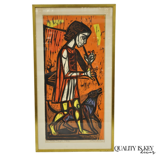 Vintage Irving Amen "Flute Player and Dog" Woodblock Print Judaica Art, Signed