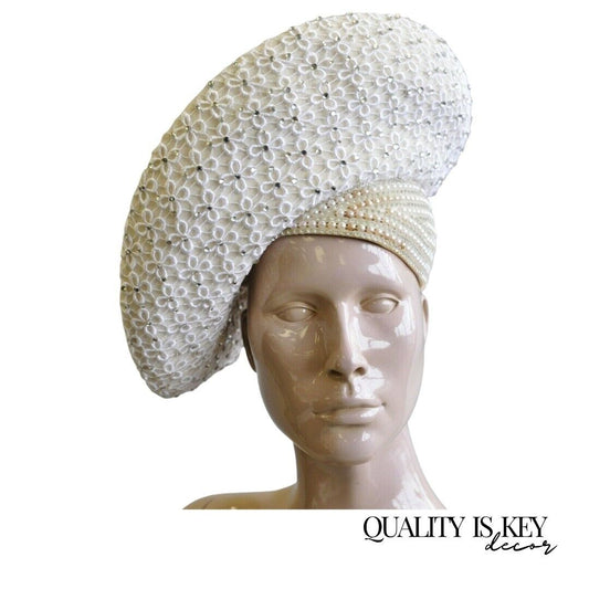 Vintage Jack McConnell Lace Felt Off White Pearl Rhinestones Church Derby Hat