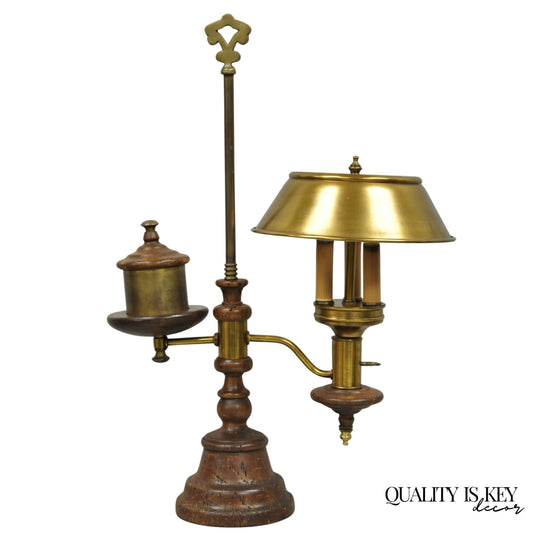 Vintage French Country Distressed Wood Brass Student Desk Lamp w/ Metal Shade