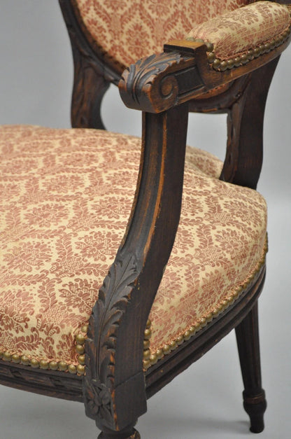 Antique French Louis XVI Style Bow Carved Walnut Fauteuil Fireside Arm Chair