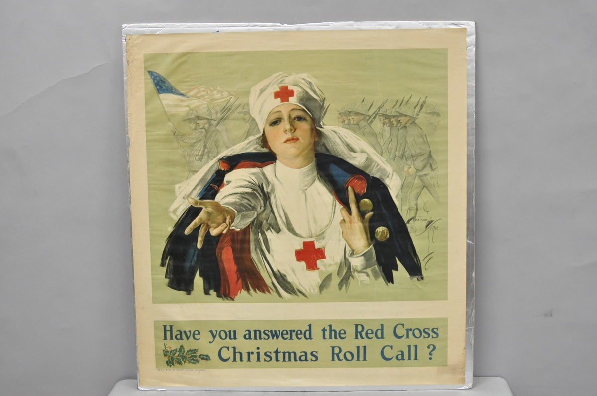 Original Vintage 1918 WWI Harrison Fisher Poster Red Cross Christmas Roll Call