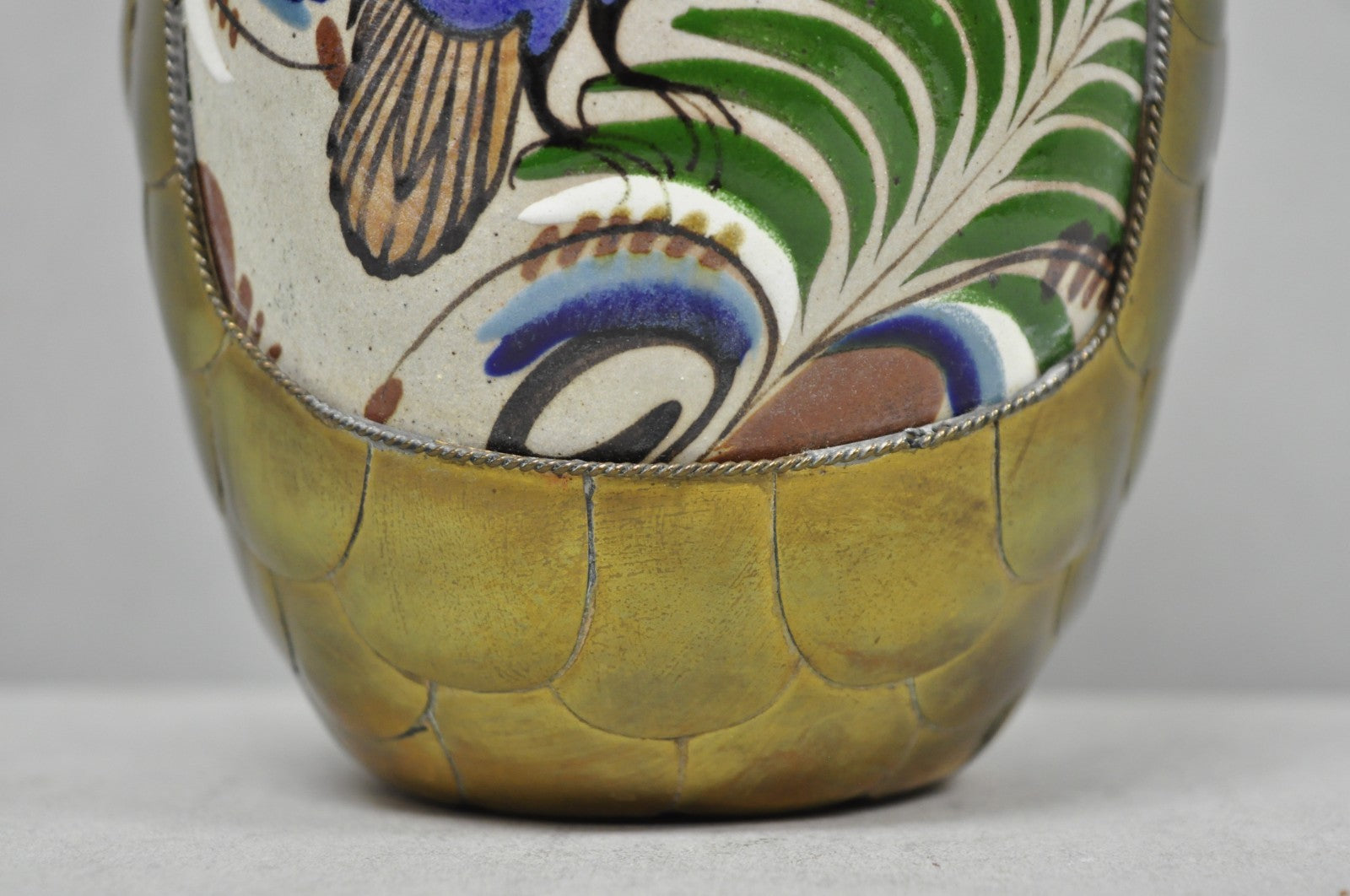Mateos Mexico Tonala Pottery Mid Century Modern Brass Peacock Feather 7" Vase