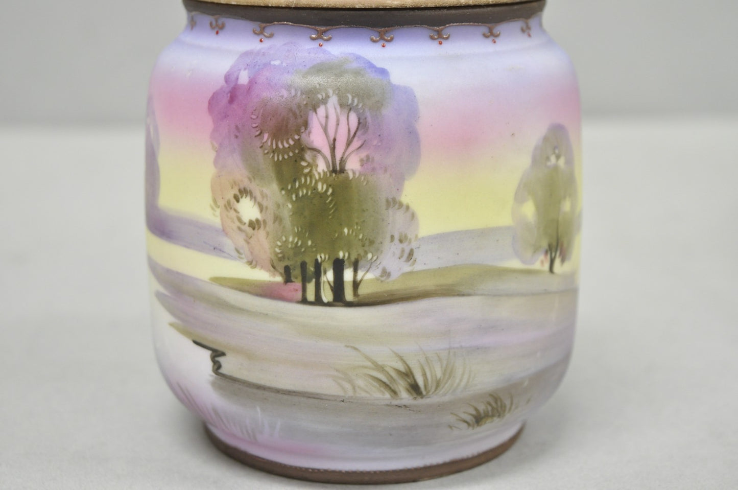 Antique Nippon Hand Painted Porcelain Countryside Lake Scene Covered Biscuit Jar