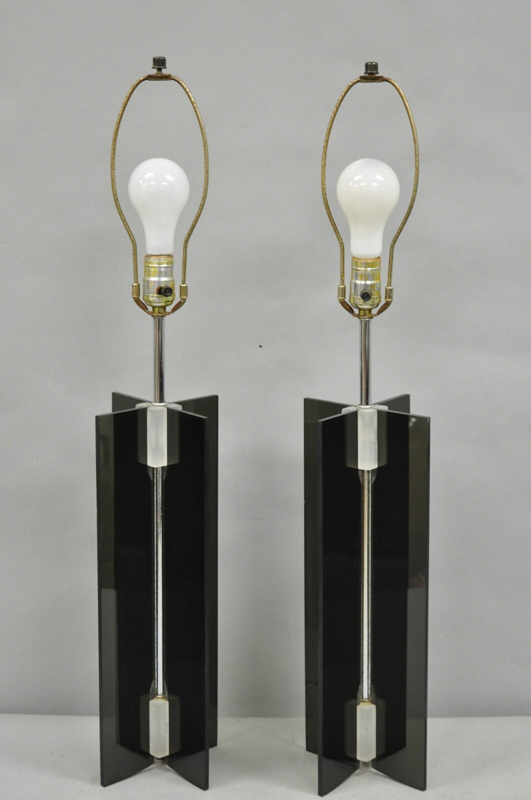 Vintage Mid Century Modern Smoked Lucite X-Base Chrome Table Lamps - a Pair