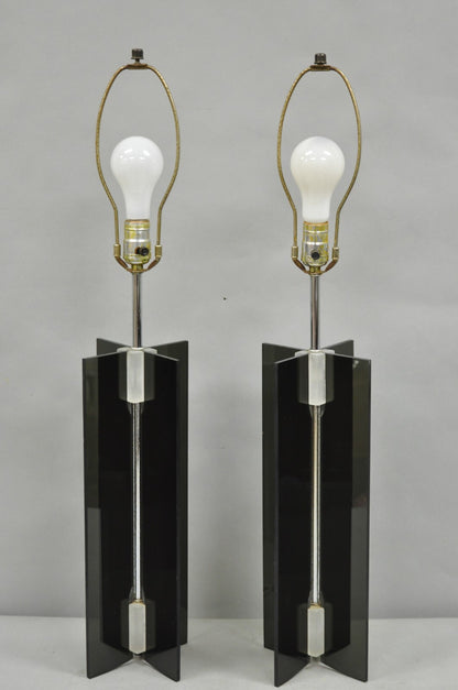 Vintage Mid Century Modern Smoked Lucite X-Base Chrome Table Lamps - a Pair