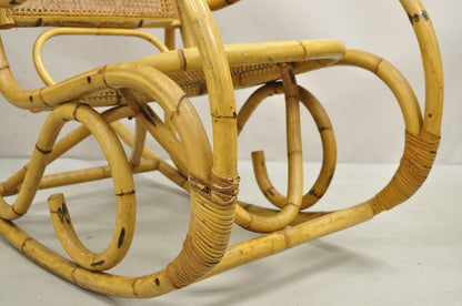 Vintage Mid Century Modern Bentwood Bamboo Rattan Cane Rocking Chair Rocker