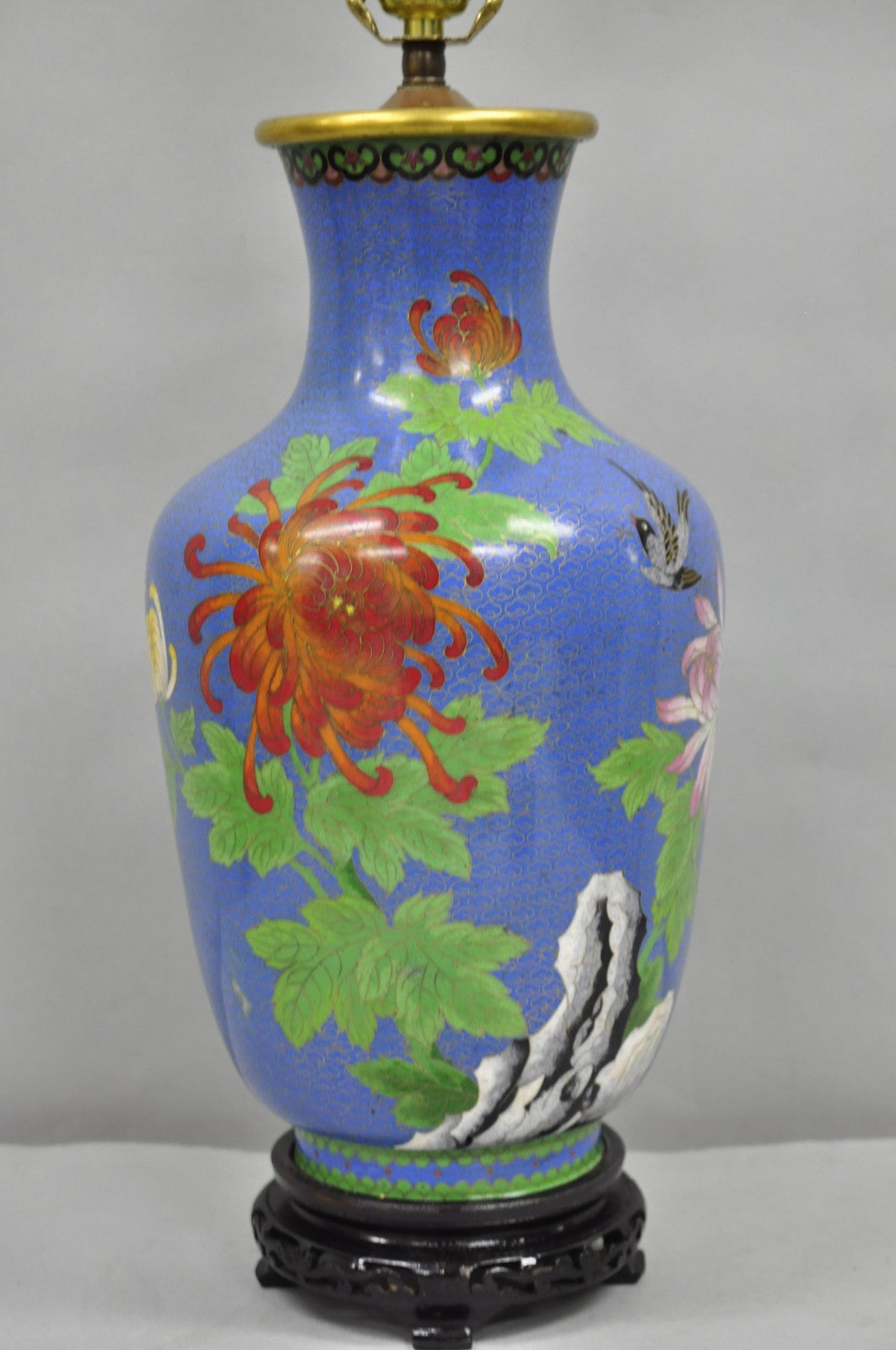 Vintage Chinoiserie Blue Cloisonné Enamel Oriental Brass Satsuma Vase Table Lamp