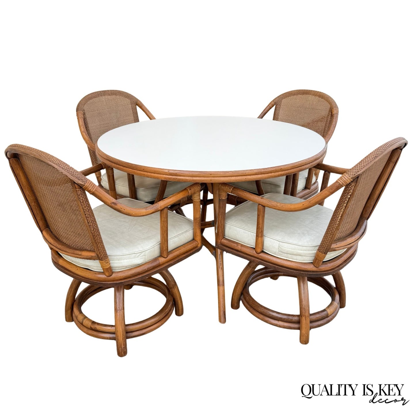 Vintage Hollywood Regency Bentwood Rattan Bamboo Swivel Chair Dining Set - 5 Pcs