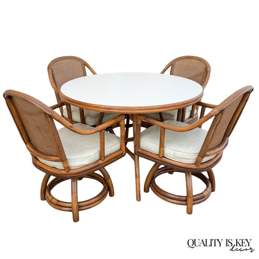 Vintage Hollywood Regency Bentwood Rattan Bamboo Swivel Chair Dining Set - 5 Pcs