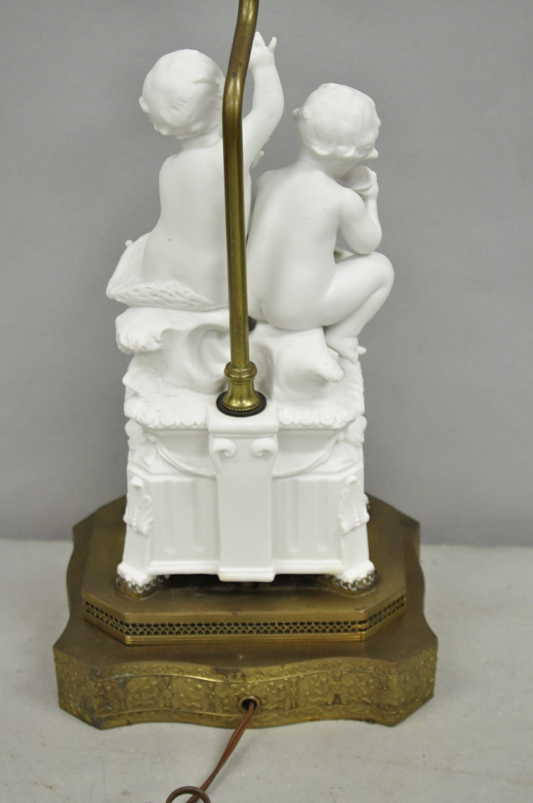 Antique French Parian Bisque Porcelain White Double Cherub & Shell Table Lamp