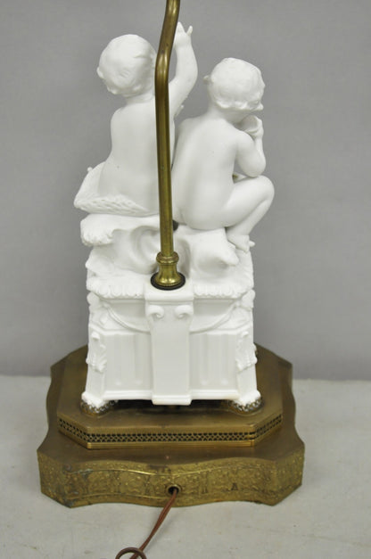 Antique French Parian Bisque Porcelain White Double Cherub & Shell Table Lamp
