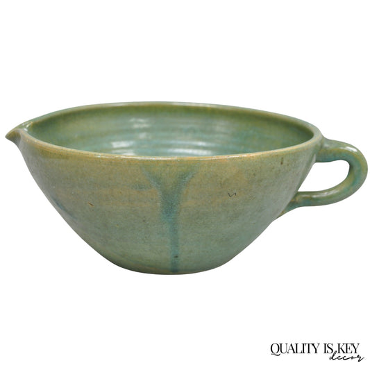 Vintage Primitive Green Glazed Ceramic Pottery Large Mixing Bowl w Handle