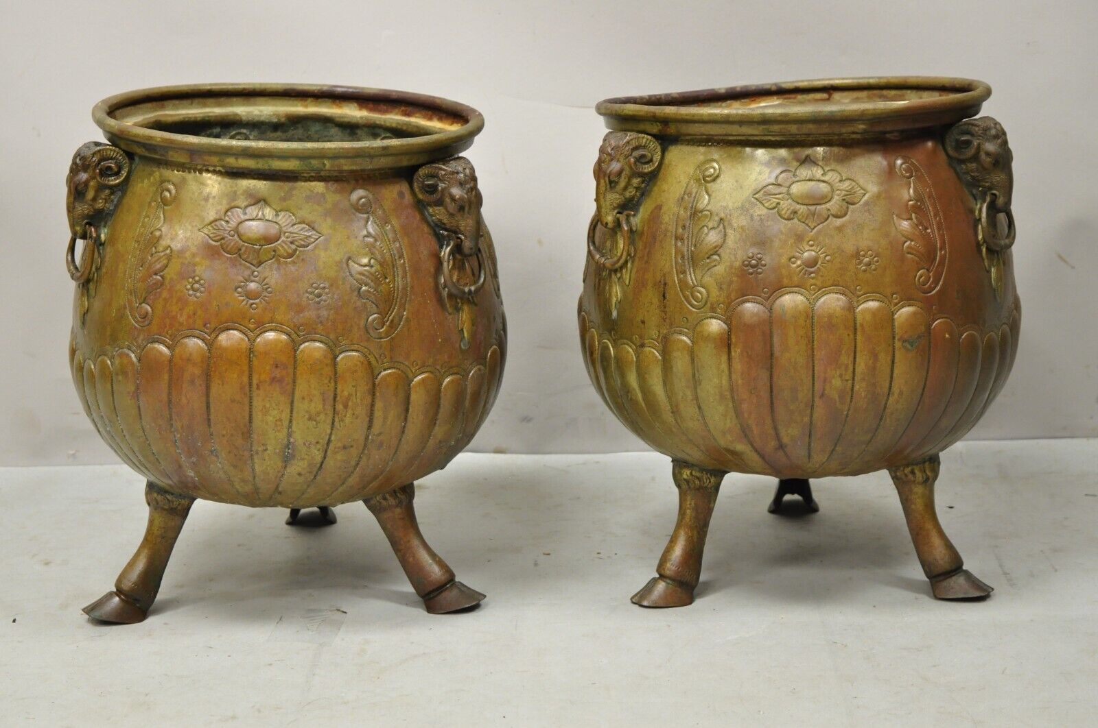 Antique French Regency Neoclassical Rams Head Copper Planter Pot - a Pair