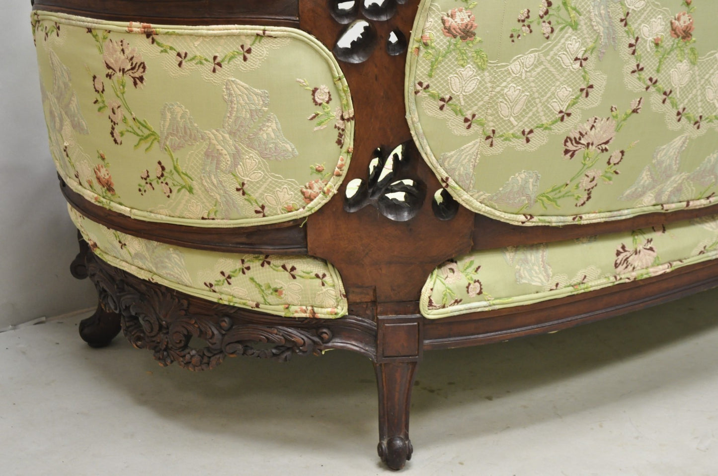 Antique Italian Renaissance Carved Walnut French Victorian Rams Head Green Sofa