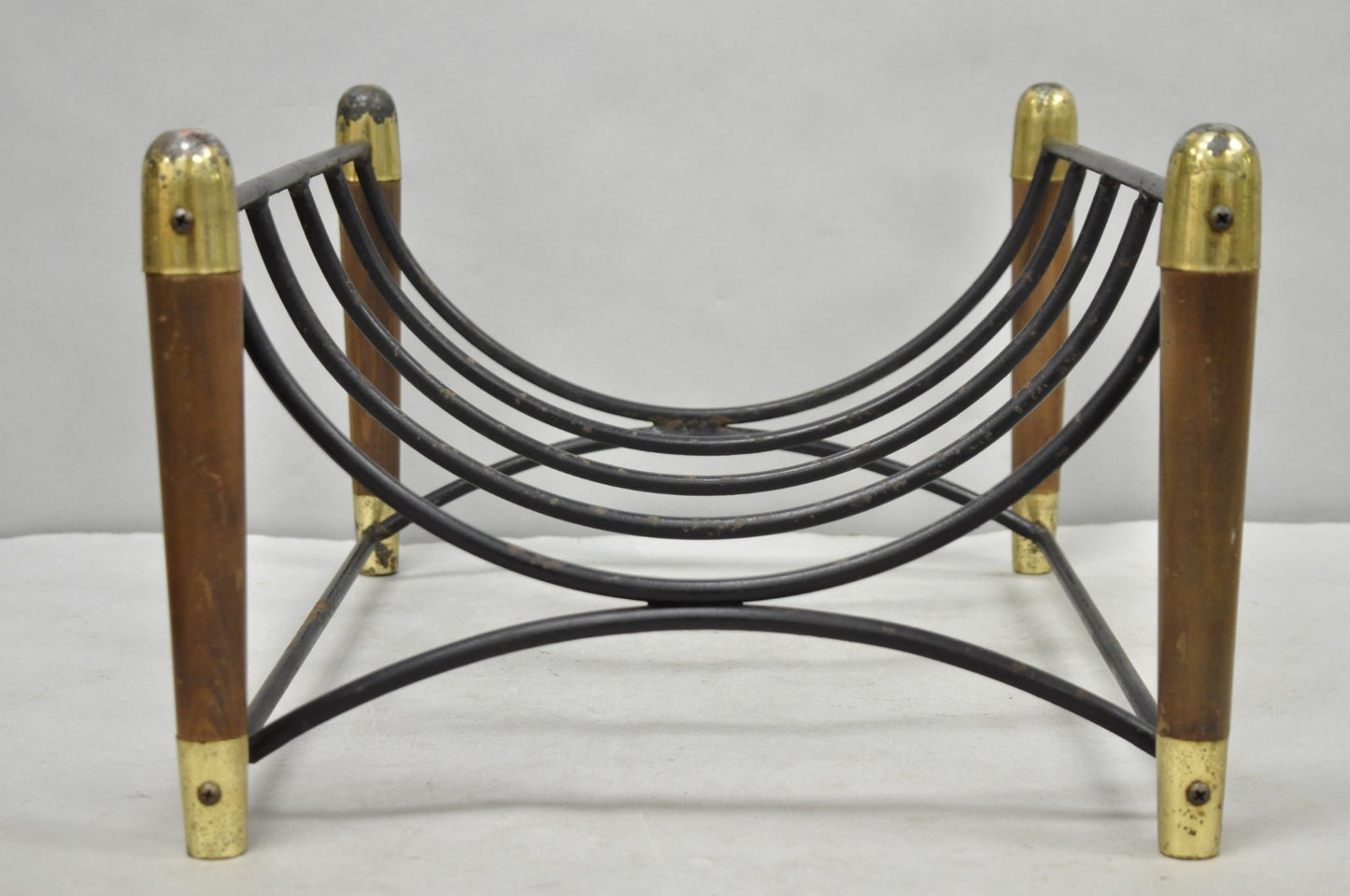 Mid Century Modern Wood & Wrought Iron Magazine Rack Fireplace Log Holder