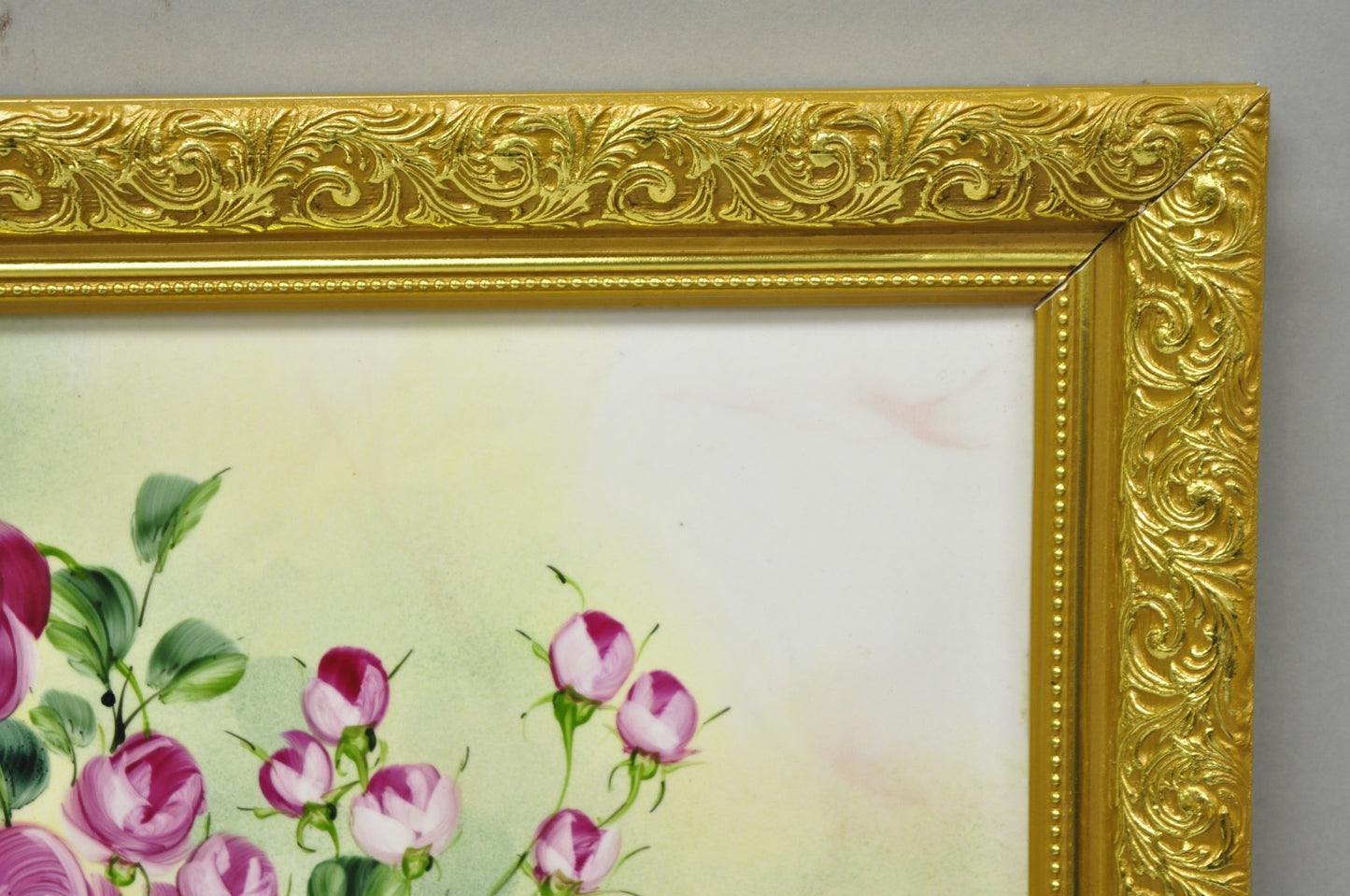 Mary Wilson French Hand Painted Porcelain Plaque Pink Rose Flower Painting (A)