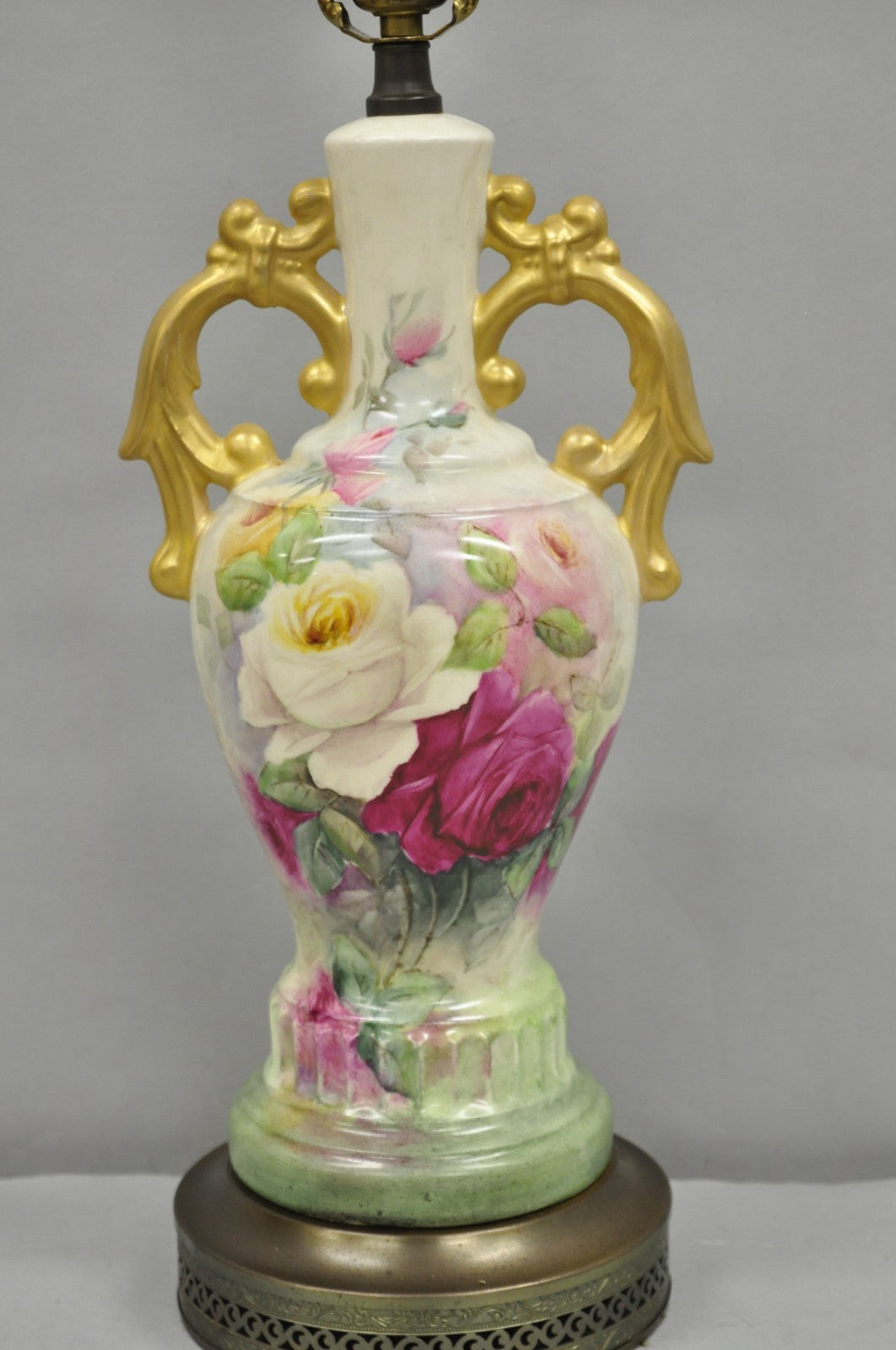 Antique Victorian French Porcelain Hand Painted Flower Vase Form Table Lamp