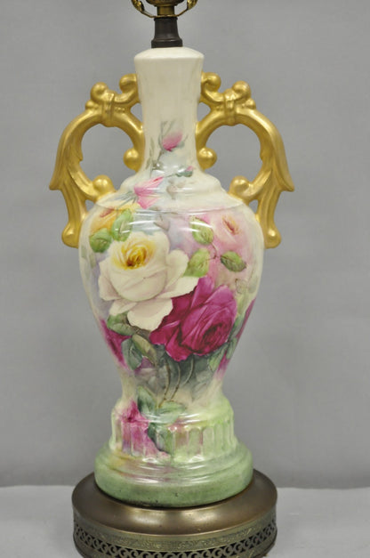 Antique Victorian French Porcelain Hand Painted Flower Vase Form Table Lamp