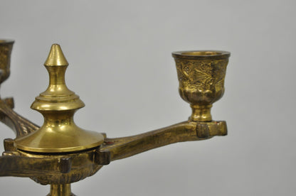 Antique French Renaissance Gothic Figural Brass 16" Candelabra w/ Lions - a Pair